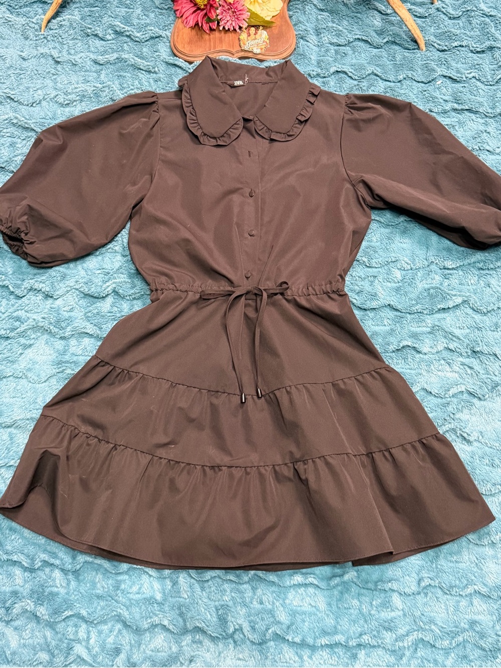 Zara Black Tiered Mini Shirt Dress Ruffle Peter Pan Collar Puff Sleeve